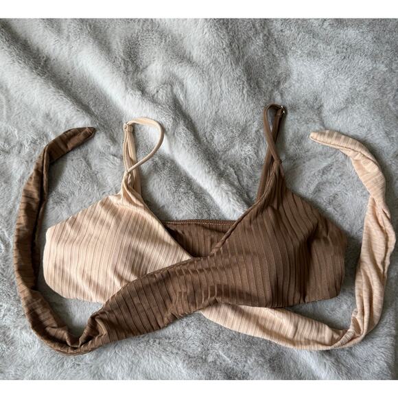 Two-Tone Ribbed Tie-Back Bikini Top L Brown & Beige Adjustable Swim Top - Picture 1 of 4
